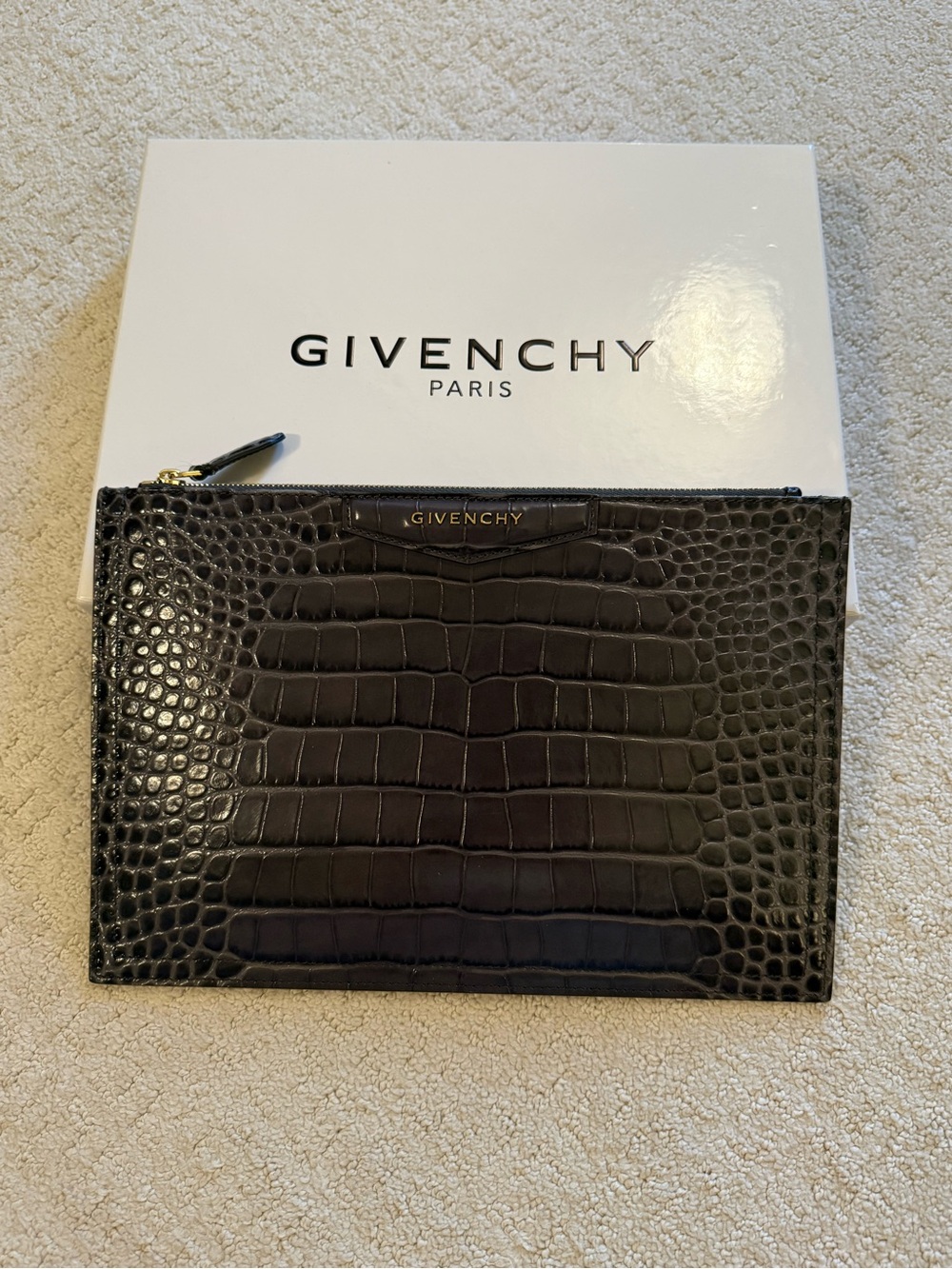 Givenchy Gray Croc-Embossed Leather Zip Pouch